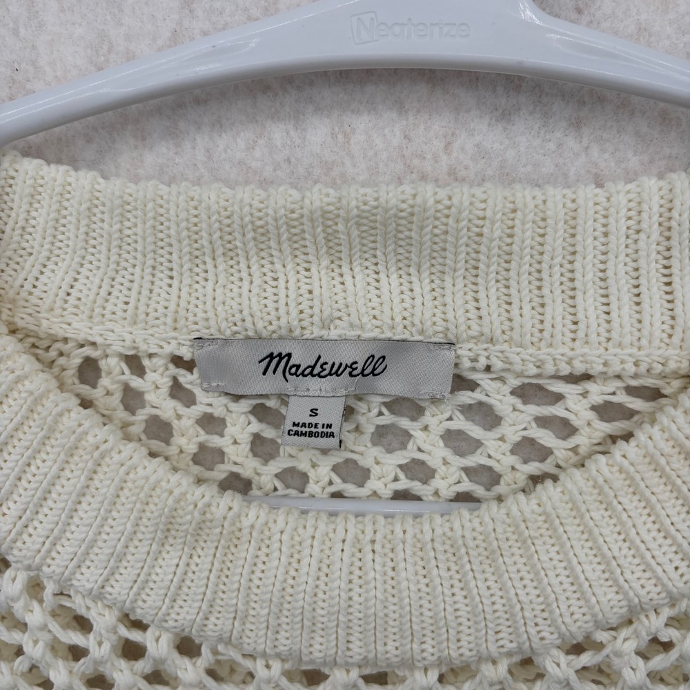 Madewell Women Small Ivory White Cotton Open Crochet Mesh Knit Sweater Vest Top - Picture 2 of 7